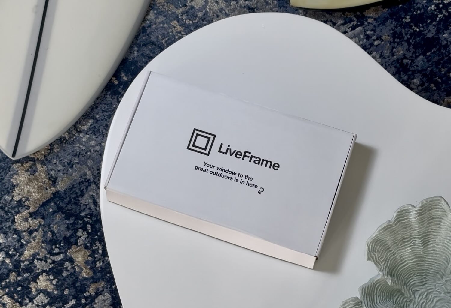 Angled view of LiveFrame showing wooden finish.
