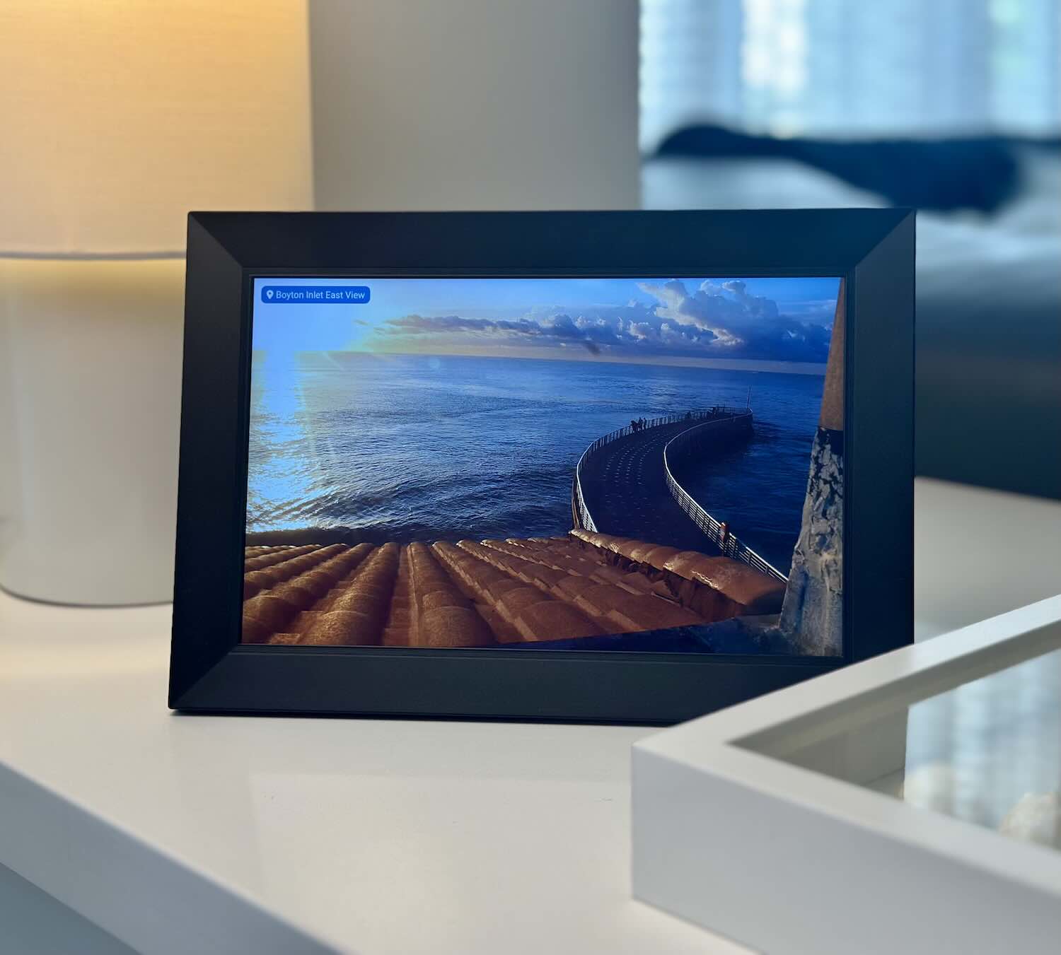 Front view of the LiveFrame with live beach images.